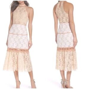 Foxiedox Lace Halter Midi Dress Tan White M Anthropologie NWT